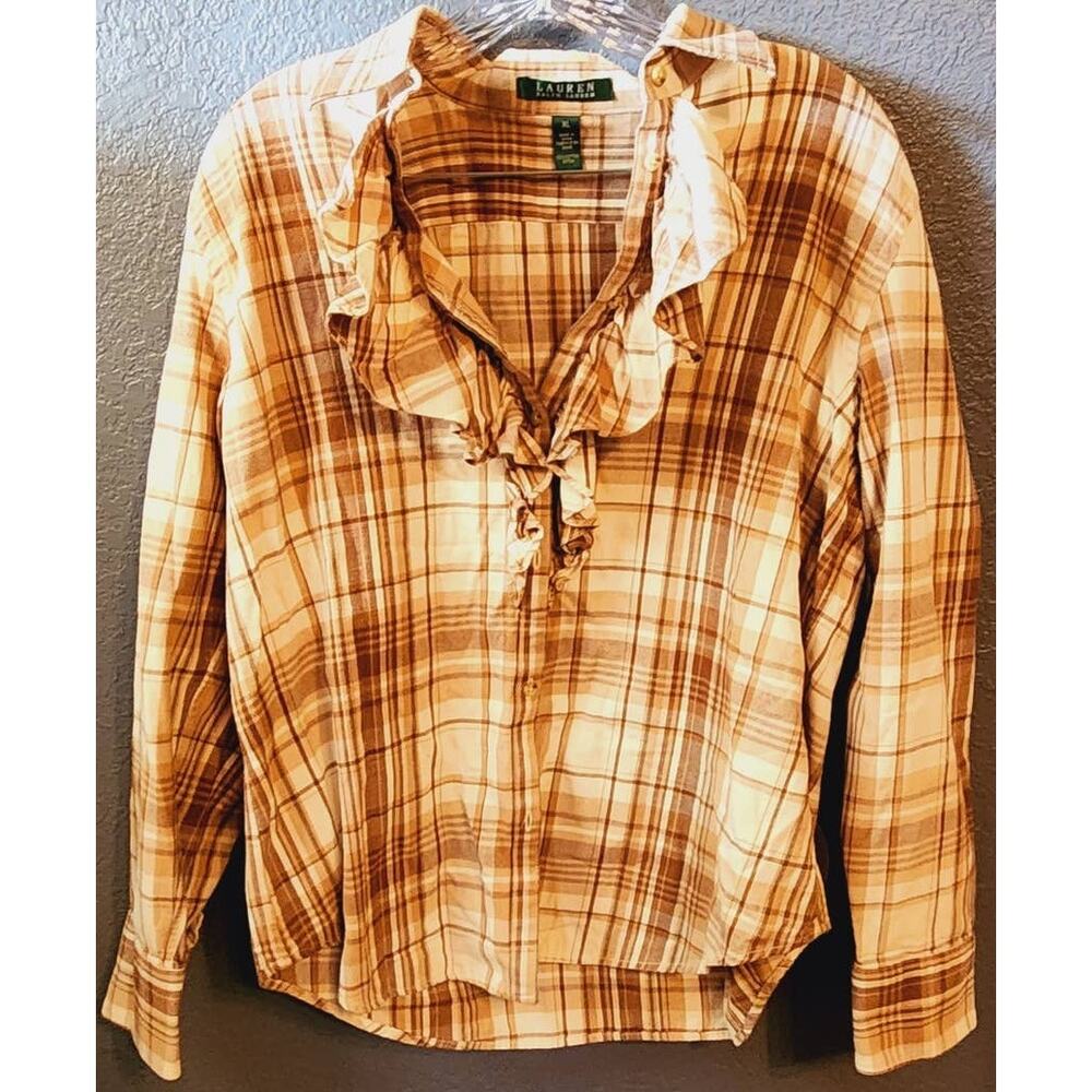 Lauren Ralph Lauren Brown & White Plaid Button Down Ruffle Closure Size Large
